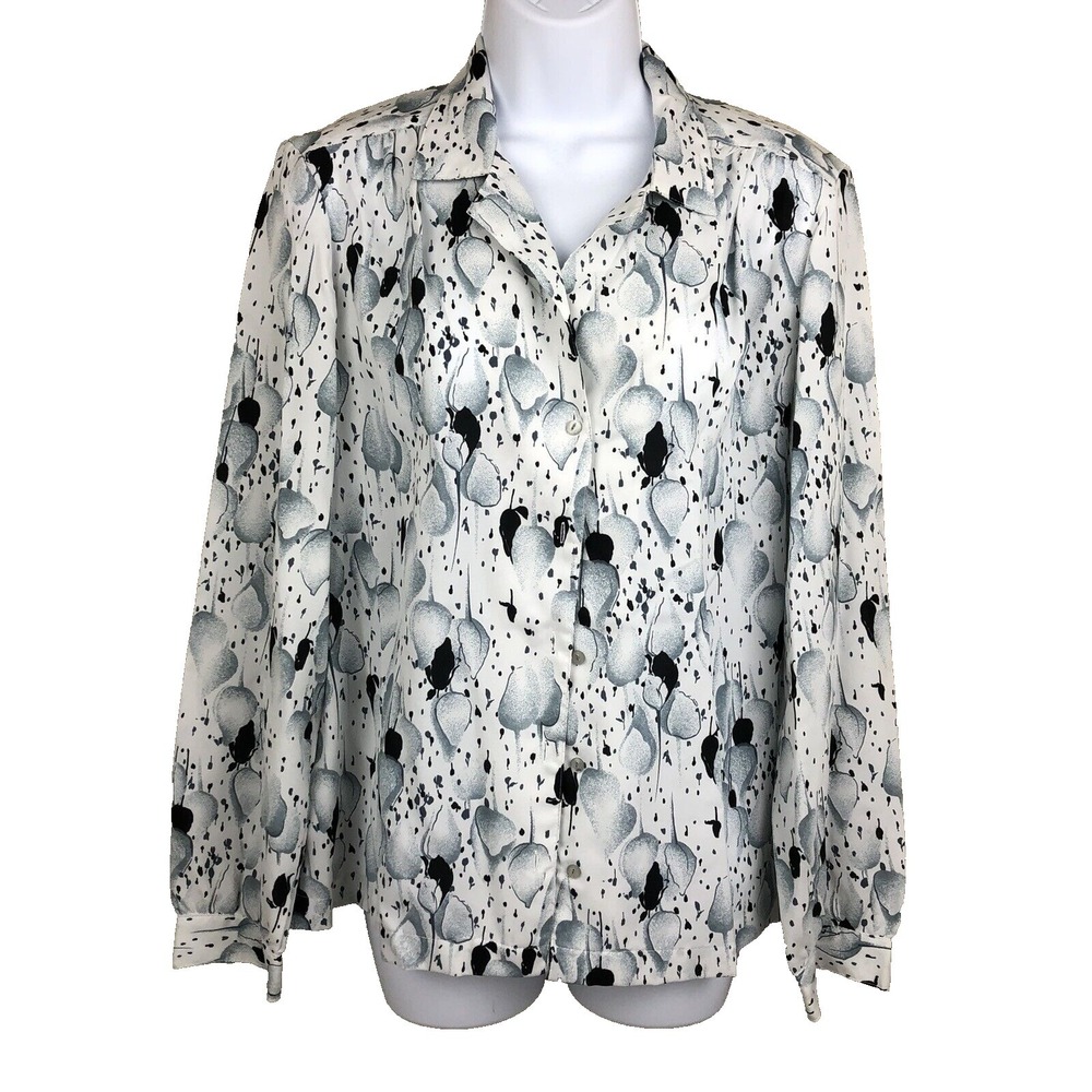 Vintage Lykettes Top Womens 14 Gray white Long Sleeve Shirt Blouse 80s